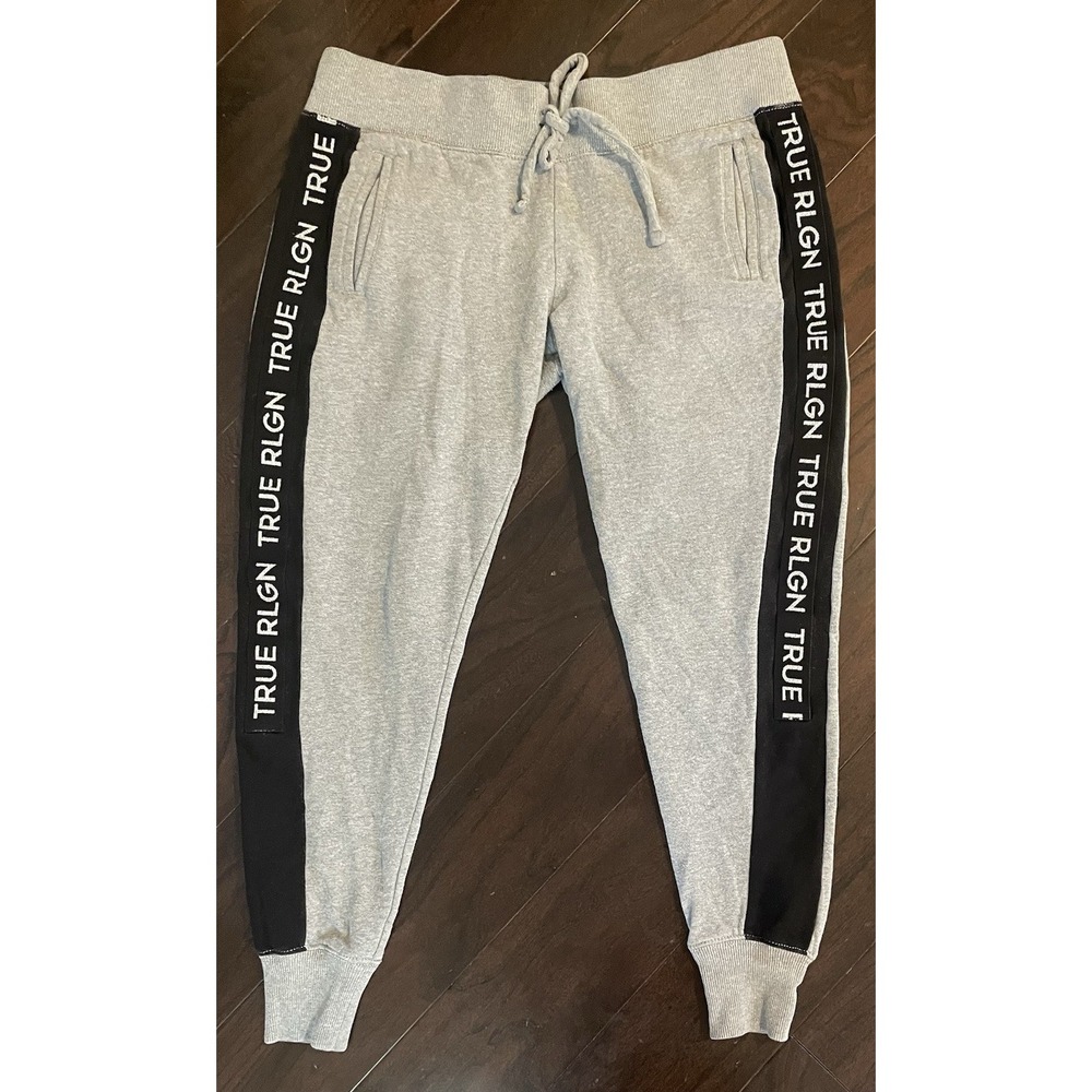 True Religion Jogger Sweatpants Women L Gray Black Side Stripe Logo Stripe Comfy